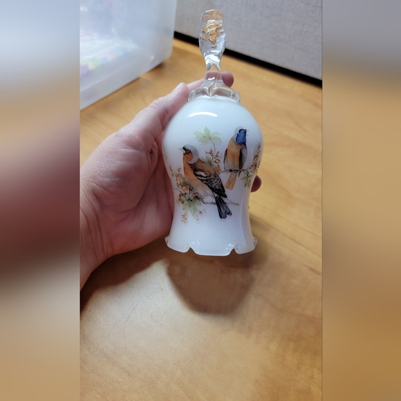 Bell Milk Glass Hand Painted Birds Hand Blown handle Bluebirds On branches - Picture 9 of 9